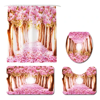 

1 Pack Waterproof Peach Print Shower Curtain Bathroom Products Non Slip Toilet Cover Mat Floor Pad Accessories