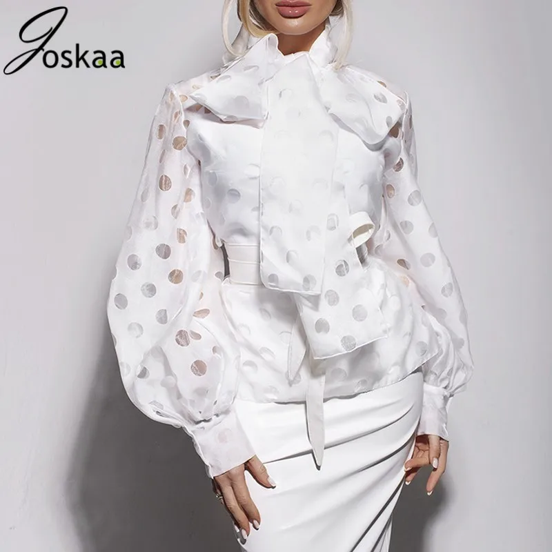 

Joskaa Women See Through Tops Shirts Sheer Mesh Blouse Long Puff Sleeve Shirt Elegant Bow Female Polka Dot Lantern Sleeve Shirt