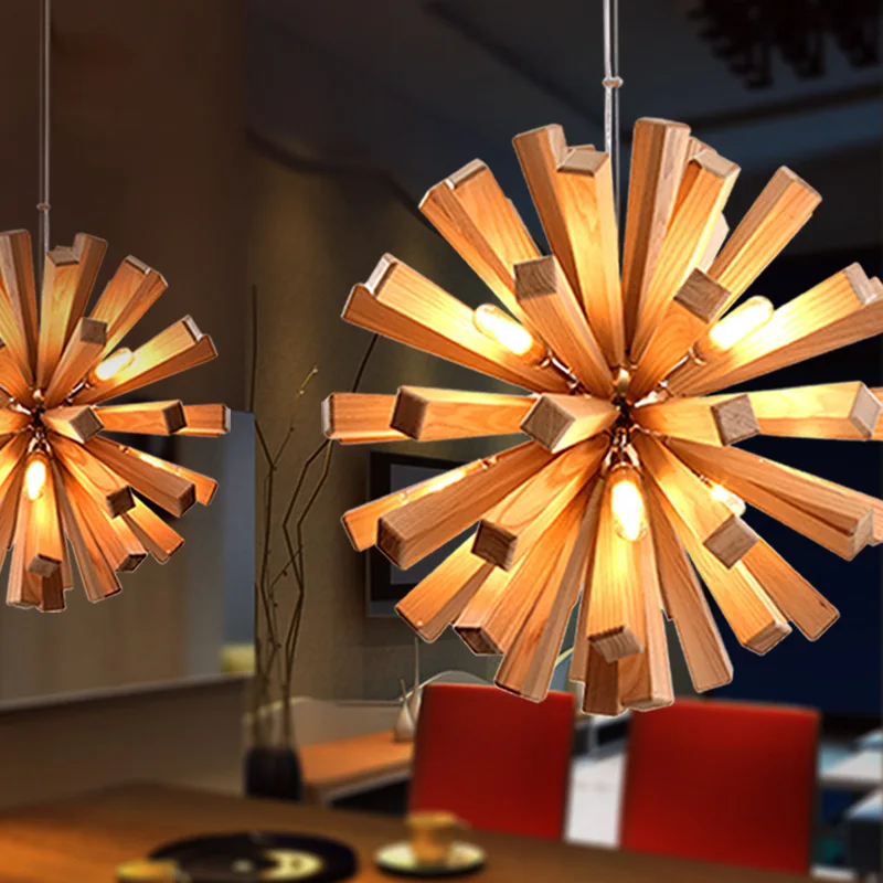 

DIY LED chandelier art creative personality lamps Nordic living room cafe Book Shop simple dandelion wooden pendant lamp