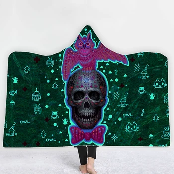 

Skull Owl Hooded Blanket 3D Print Home Room Throw Blanket Green Background Fleece Blanket For Kids Home Textile Wearable Blanket