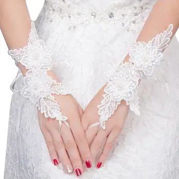

Women Bridal Embroidery Floral Lace Applique Wedding Gloves Imitation Pearl Beaded Hollow Out Prom Party Costume with Hook