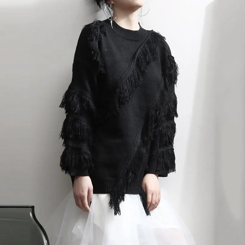 

Europe Irregular Tassel Black Sweater Full Sleeve Pullover Small Fresh Spring Elegant O Neck Patchwork Casual Sweater ZLL4624