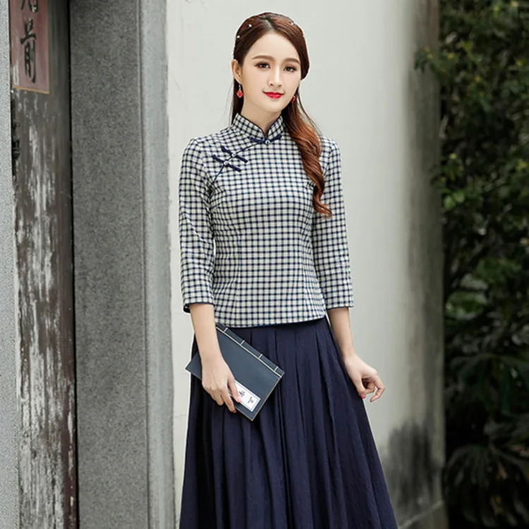 Женская блуза в клетку, рубашка 4XL, Cheongsam, хлопковая блузка, Chinois, винтажные топы, сетка, рукав семь четвертей, блузка в китайском стиле