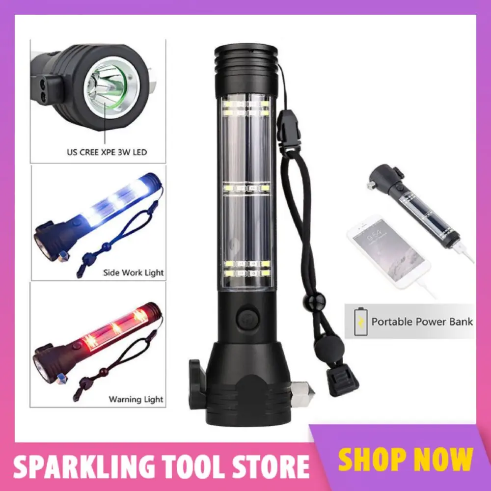 

Outdoor Camping Emergency Light Solar Powered LED Flashlight Safety Hammer Torch Light With Power Bank Magnet Survival Tool