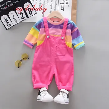 

Baby Girls Autumn Clothing Sets Infant Clothes Suits Stripe Rainbow long sleeve T Shirt + wings Bib pants overalls 2pcs Clothes