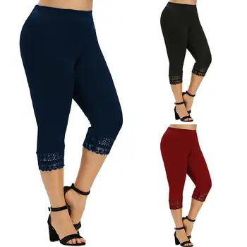 

Plus Size Women Leggings Lace Patchwork Hem Capri Pants Women Leggings Elastic High Waist Leggings Women Gym Leggings for Women