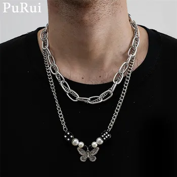 

Purui 2Pcs/Set Butterfly Pedant Necklace Gothic Cuban Chain Imiation Pearl Statement Dice Choker Necklace for Women Men Collar