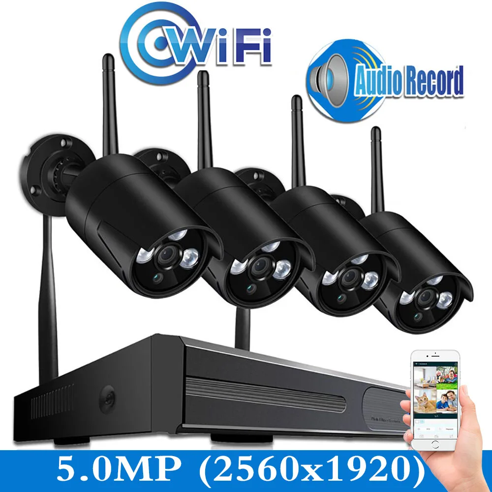 4CH NVR Wi-Fi система 4CH 5MP CCTV(2560x1920) Wifi камера система видеонаблюдения Комплект H.265 беспроводной штекер и воспроизведение аудио записи