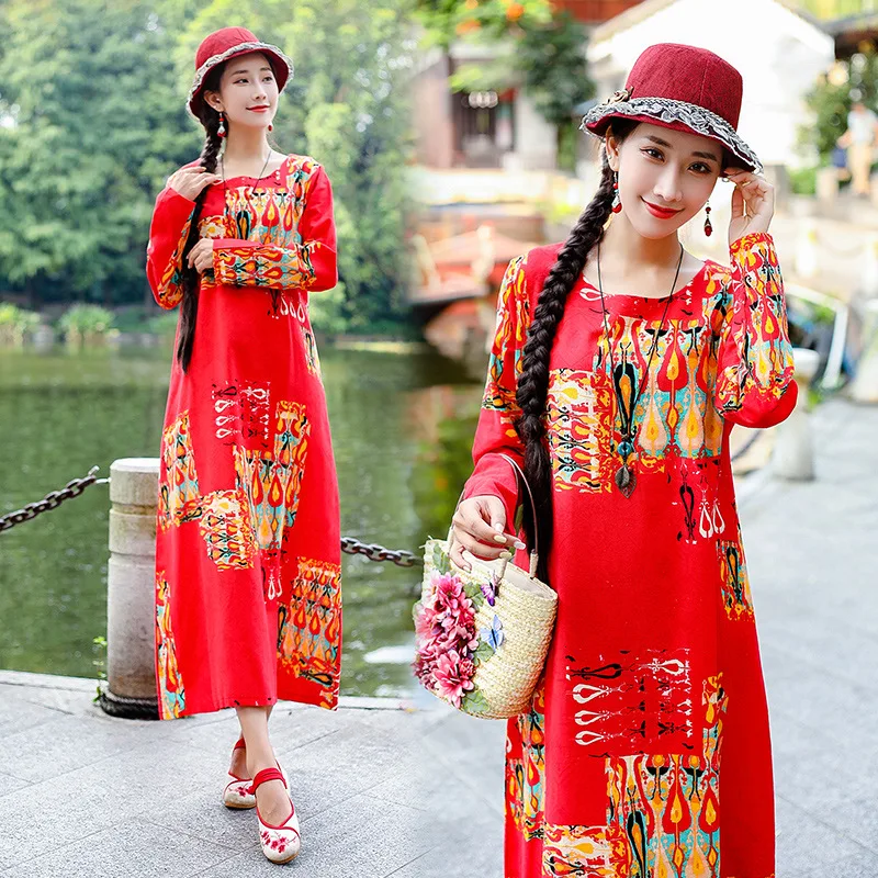 

Cotton Linen Printed Long Sleeve Big Hemline Dress Women's Autumn 2019 New Style Retro Mid-length Crew Neck Skirt