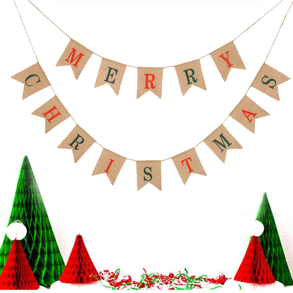 

1pc Burlap Banner Merry Christmas Hanging Banners Pennants Bunting Garland Xmas Pull Flag Home Banquet Swallowtail Shaped Banner