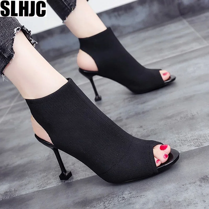 

SLHJC 2019 Summer Boots High Stiletto Kitten Heel Autumn Boots Breathable Peep Toe Short Ankle Pumps Shoes Stretch Sandals