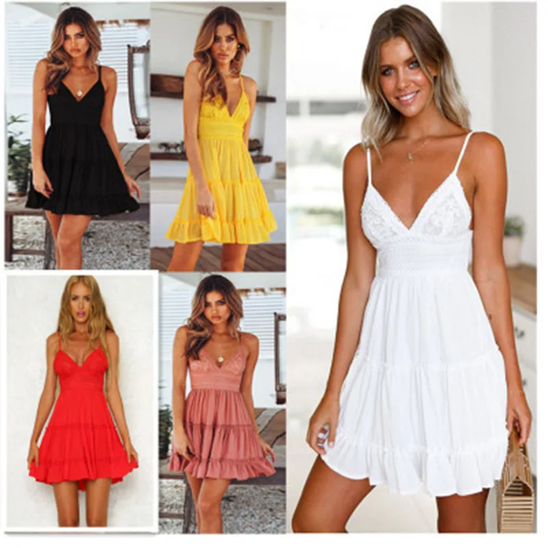 

2020 Summer Party Dress Sexy White Pink Deep V Neck Backless Lace Short Dress Women Casual Bandage Spaghetti Strap Sleeveless