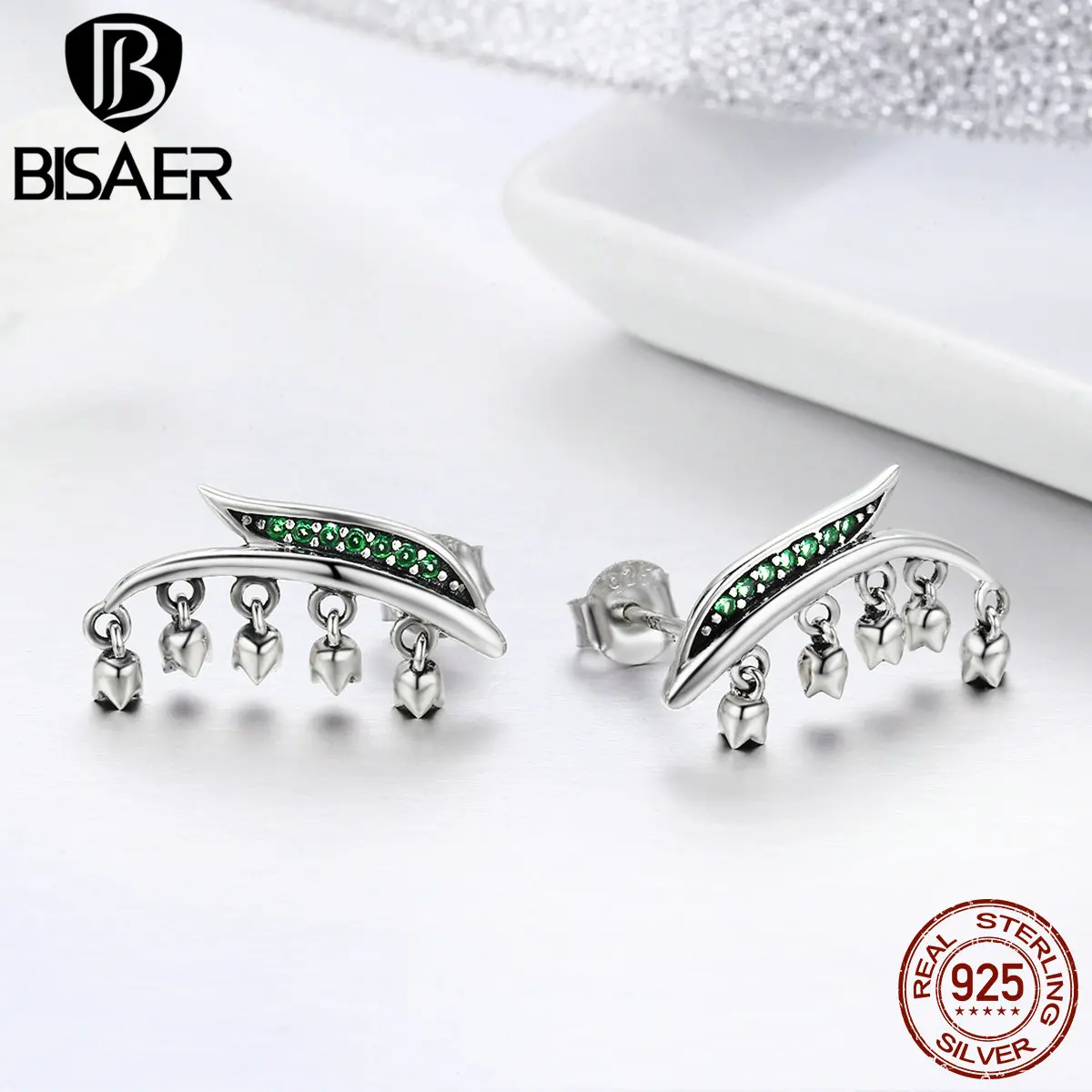 BISAER, Настоящее серебро 925 пробы, цветочные бутоны, висячие и листья дерева, серьги-гвоздики для женщин, хорошее серебряное ювелирное изделие, Brincos GXE298
