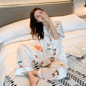 

White Cartoon Print Women Pajamas Set Summer Short Sleeve 2 PCS Shirt&Pant Female Casual 2PCS Sleepwear Nightwear Home Clothes