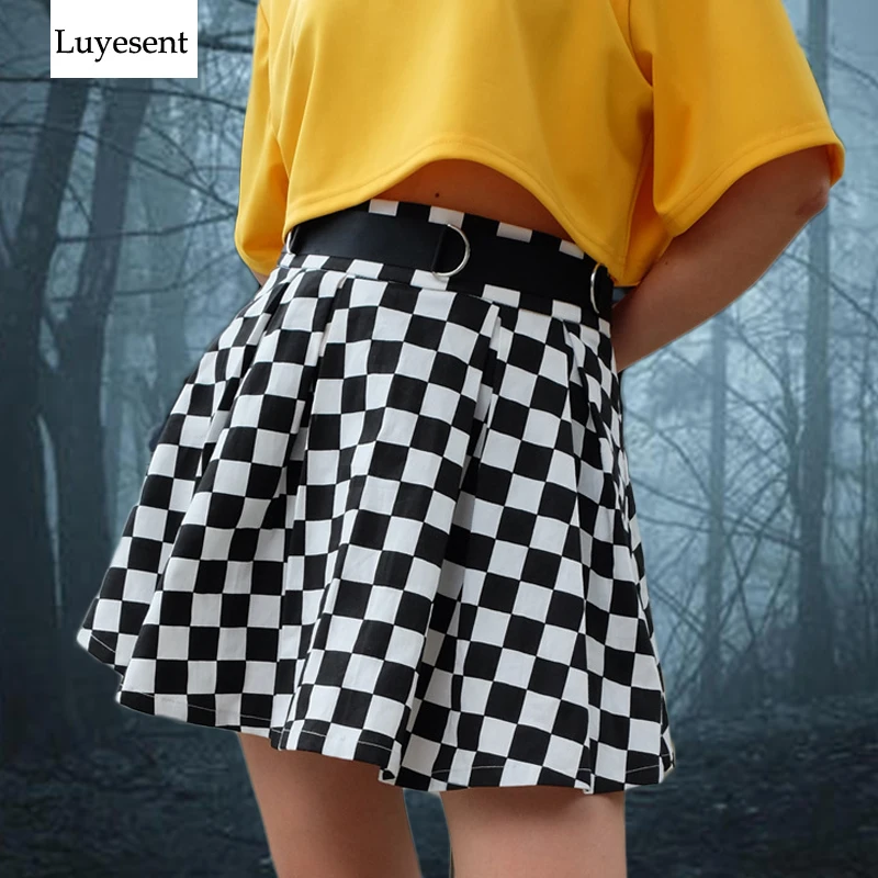 Black White Plaid Goth Women Mini Skirts 2020 Lady Lolita Checkerboard Gothic Punk Hipster High Waist Pleated Skirt 100% Corron