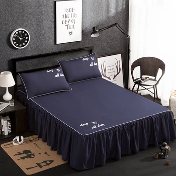 

Jeefttby Solid Color Navy Blue Non-slip Bed Skirt Queen Size Bedding Set 3Pcs Cute Girl Bedsheet Bed Cover Pillowcase Home