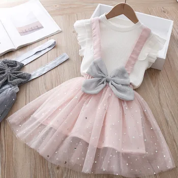 

5190 Sequins Bow Princess New Summer Baby Girl Clothing Set Conton T-shirt Top + Strap Skirt Wholesale Child Baby Girls Clothes