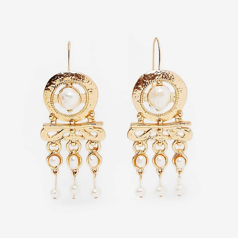 

3 Layers Gold Color Metal Circles Dangle Earrings Imitation Pearl Inlaid Retro Style Drop Earrings Luxury Women Jewelry
