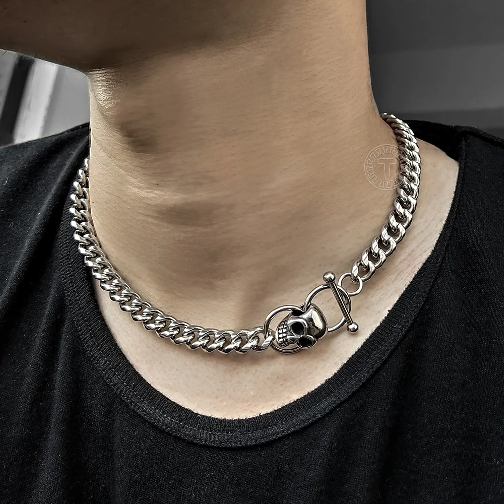 Chunky Stainless Steel Big Skull Charm Necklace for Men Women Cuban Curb Link Chain Toggle Clasp Punk Gothic Jewelry Gift DN263 | Украшения