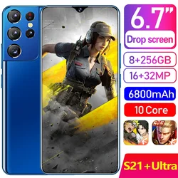Smartphone S21 + Ultra, téléphone Mobile réseau 5G, 6800mah, caméra arrière 32mp HD, 8 go + 256 go, Android 6.7, 10.0 