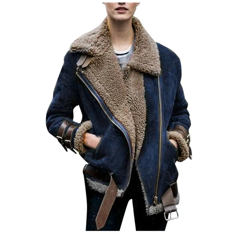 Женская зимняя мотоциклетная бархатная куртка, женская меховая Толстая Корейская куртка-бомбер, стиль гранж, одежда оверсайз, новинка - Цвет: Blue