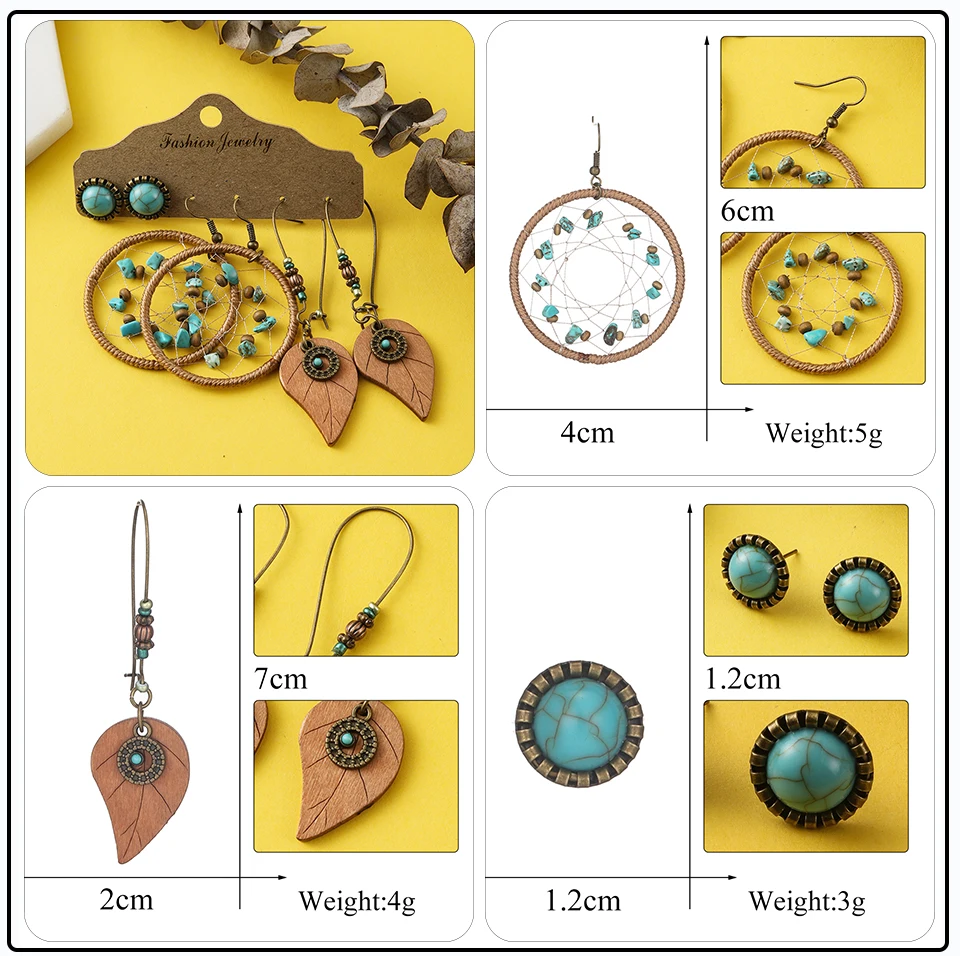 41 Style Silver Rose Gold Color Earrings Ethnic Bohemia Vintage Mixed Styles Long Leaf Big Round Circle Shell Shape Wooden Stones Beads Geometric Bronze Met (21)