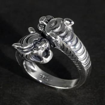 

Real Pure 925 Sterling Silver Men's Rings Double Tiger Heads Retro Punk Rock Opening Adjustable Biker Rings Fine Jewelry