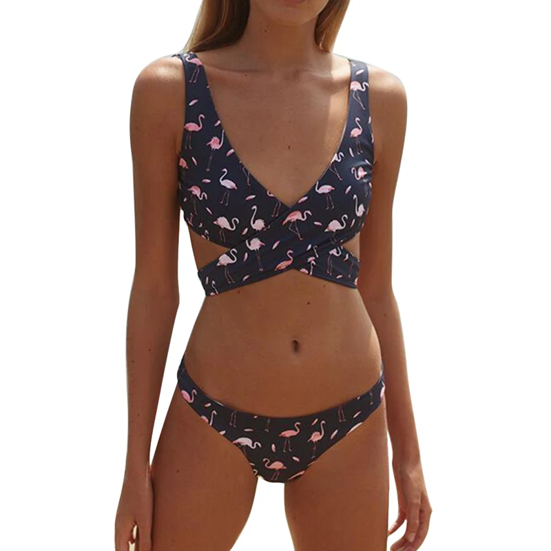 

2020 Women Sexy Two Pieces High Waisted biquine Set Floral Print Lace Up Swimsuit Cross Type Bathing Suit Vintage Beachwear