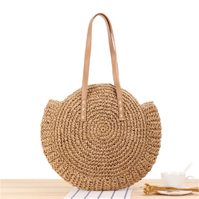 Large Capacity Round Zipper Fashionable Straw Woven Bag Handmade Summer Beach Travel Holiday Women Bags 7 Brown