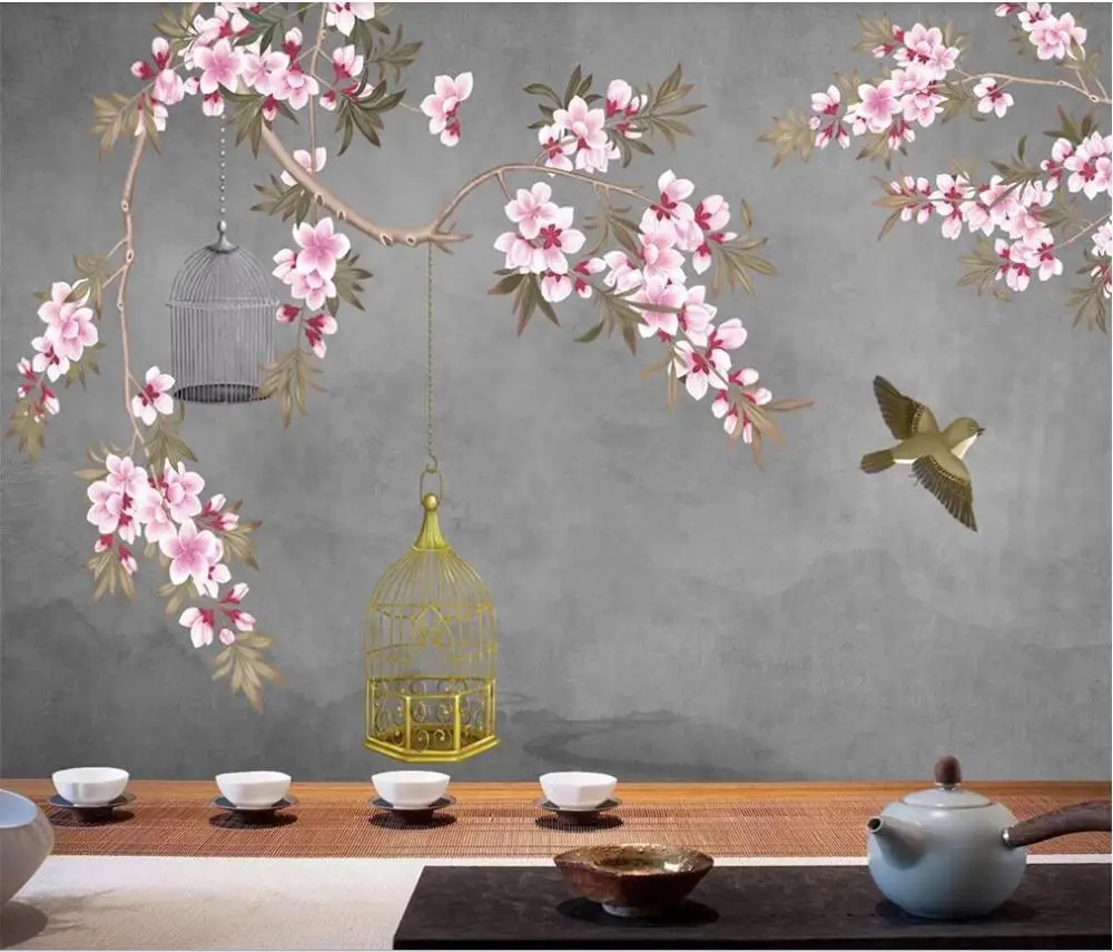 

XUE SU Custom mural wallpaper Chinese style hand-painted flowers and birds retro background wall decoration painting