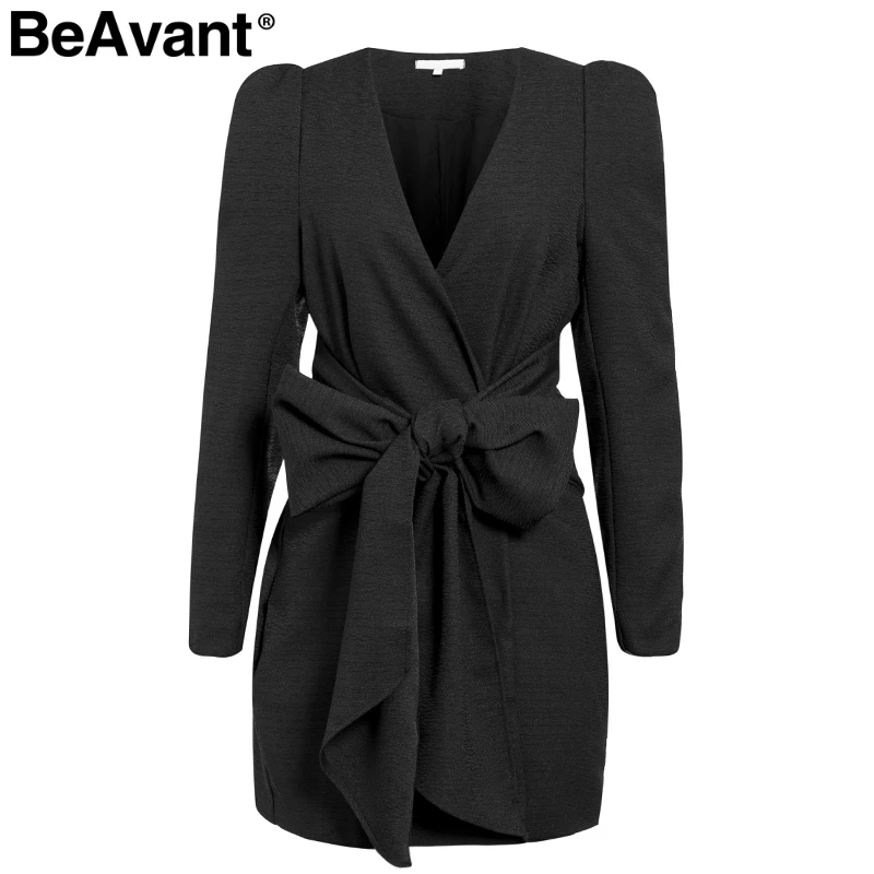 

BeAvant Sexy v-neck black blazer dress women Autumn elegant puff sleeve bow short party dress Office lady chic solid work dress