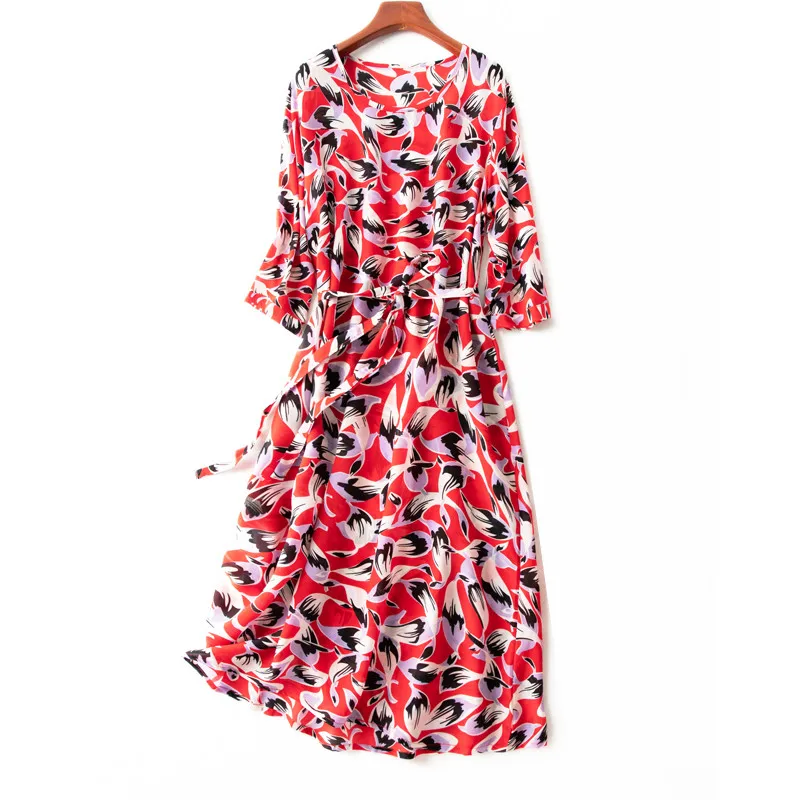 

Women Summer Silk Dress O neck Floral Print Vintage Natural silk dresses Elegant Red Dress Casual holiday real silk long dress