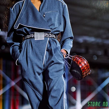 

Casual Asymmetrical Women's Jumpsuits Stand Collar Long Sleeve High Waist With Sashes Jumpsuit Female Fashion Tide