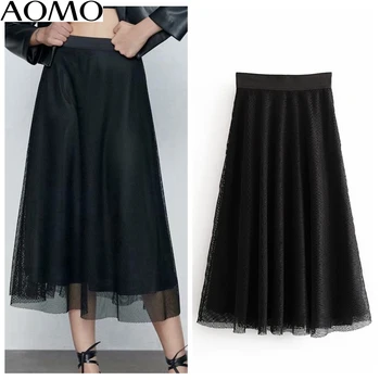 

AOMO fashion women mesh A-line midi skirt faldas mujer strethy waist 2020 new fashion ladies elegant chic mid calf skirts 6A148A