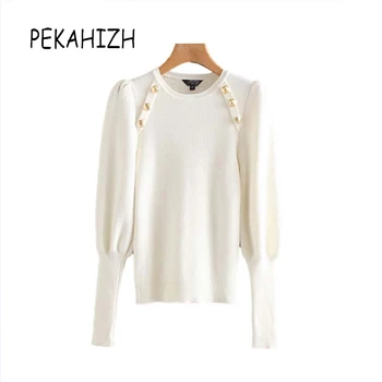 

Vintage chic black white knitted sweaters women pullover casual o neck lantern sleeve jumper tops female winter sweater