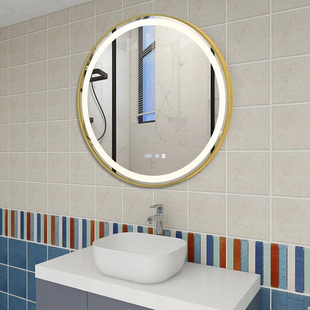 Round Smart LED Bathroom Mirror With Golden/Black Frame 3 Color LIght With Bluetooth Speaker Time&Temperature Display Defogging