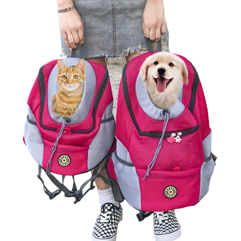 Bolsa de malla portátil para transportar mascotas, mochila con dos asas viajar con perros y gatos, cuenta con un agujero en la frontal sacar la cabeza, ideal para exteriores|Transportines