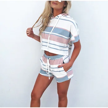 

Striped Print Women's 2 Piece Set Tracksuit Cropped Sweatshirts And Shorts Women 2020 Summer NEW Sports Suits Outfit Sportswear