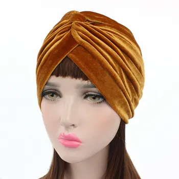 

Muslim Stretch Velvet Cross Twist Turban Hat Women Chemo Cap Headwrap Hair Accessories Solid Color Turban Headscarf Hot Sale