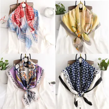 

2020 Fashion Kerchief Silk Satin Neck Scarf For Women Print Hijab Scarfs Female Square Shawls and Wraps Scarves For Lady 90*90cm