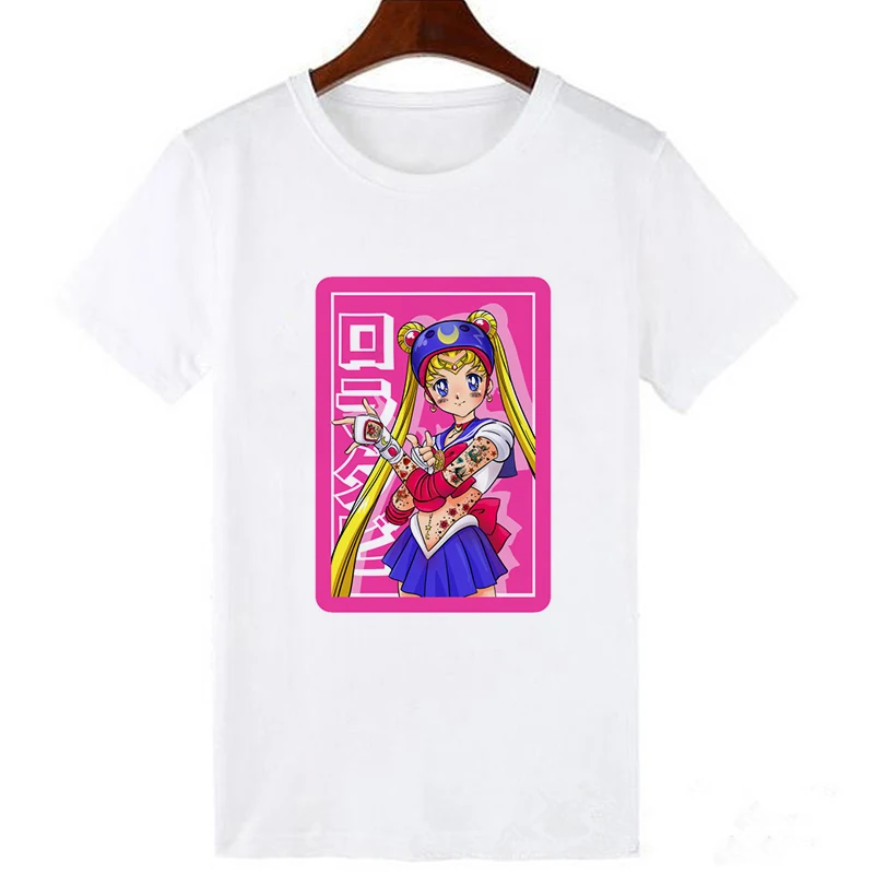Sailor Moon летняя футболка для женщин Harajuku короткий рукав забавная футболка Ulzzang футболка с милым котом женские футболки с героями мультфильмов - Цвет: 19bk218-white