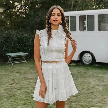 

Simplee Two-piece white holiday dress women Sleeveless hollow out ruffle lace up mini dresses Summer short top ladies dress 2020