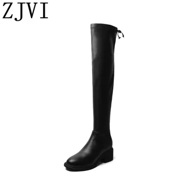 

ZJVI 2019 woman cow genuine leather over the knee boots women winter autumn thigh high square heels girls ladies black shoes