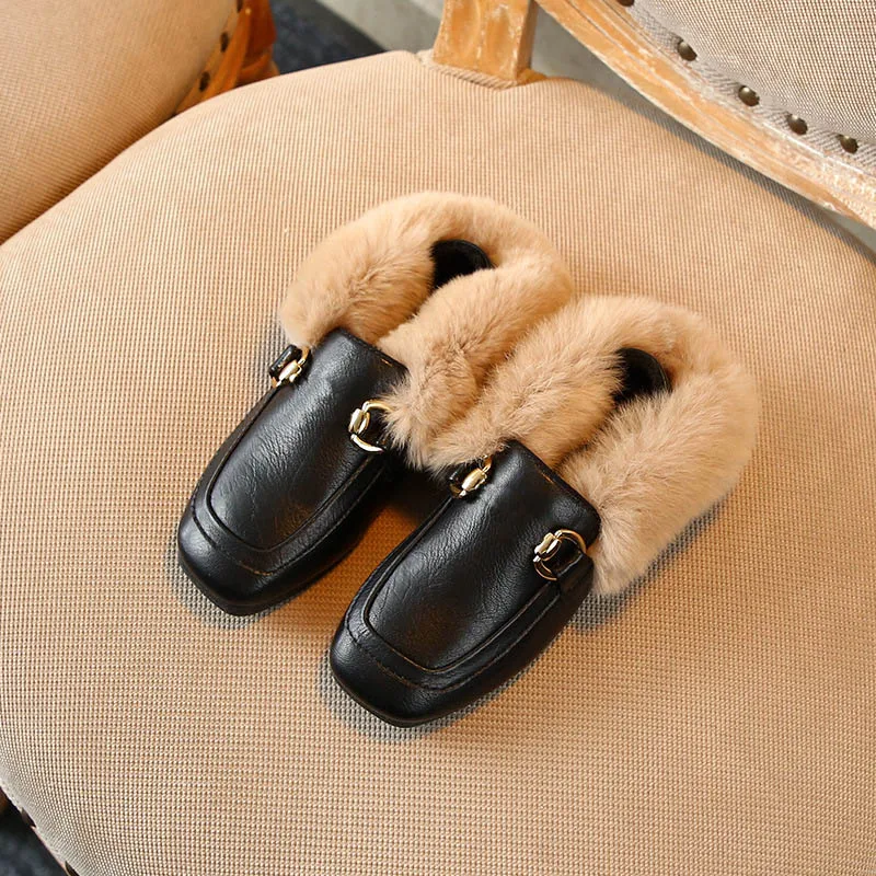Horsebit/Детские кожаные туфли лоферы с пряжкой; Роскошная брендовая стильная зимняя обувь на плоской подошве для мальчиков и девочек; детская Праздничная обувь - Цвет: Черный