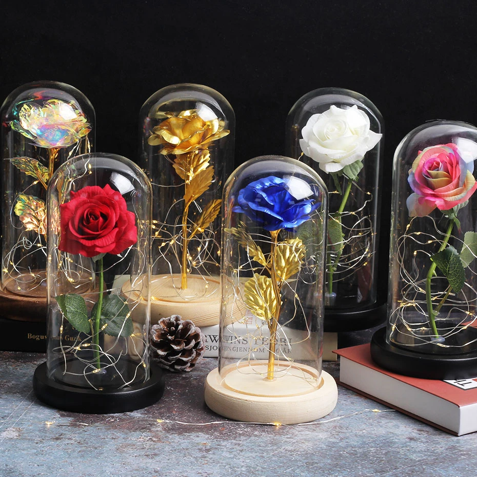 LED Glaskuppel Dekoration mit Enchanted Rose Konservierte Blume Eternal Rose 