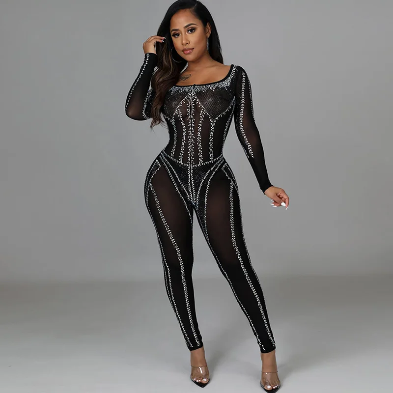 Rhinestone Mesh See-Through Party Jumpsuit for Women Elegant Long Sleeve Bodycon Rompers Party Night One Piece Outfits Clubwear