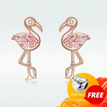

BISAER Real 925 Sterling Silver Earrings Flamingos Rose Gold Colored Elegant CZ Stud Earrings For Women Fashion Jewelry HVE120