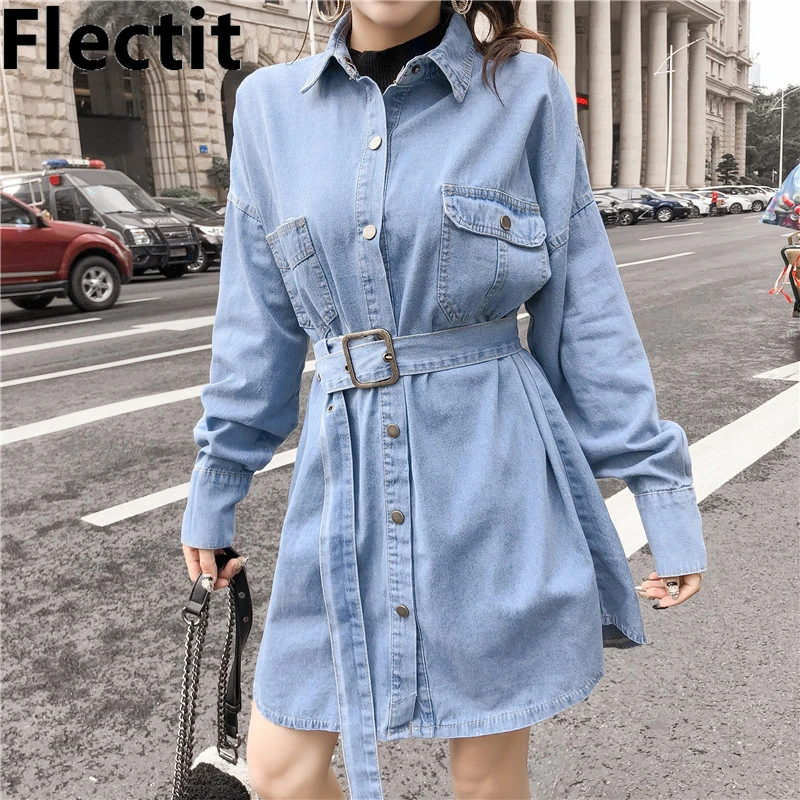 

Flectit Utility Belted Denim Jacket Women with Front Metal Button Patched Pocket Jean Coats Overcoats *