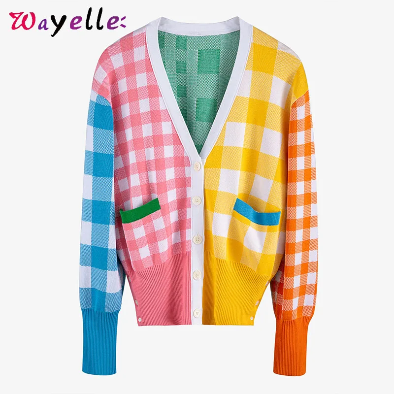 

Open Stitch Sweaters Womens 2019 Fall Colorful Plaid Pocket Green Knitting Sweaters Fit Chic V-Neck Long Sleeve Women Tops