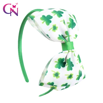 

CN 6 Pcs/lots St.Patrick's Day's Hair Bows Hairbands For Kids Girls Shamrock Printed Ribbon Bows Hard Headbands Hair Accessories